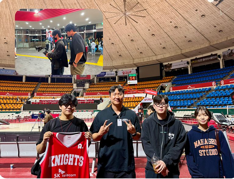 Huddle team documenting a basketball-arena field visit