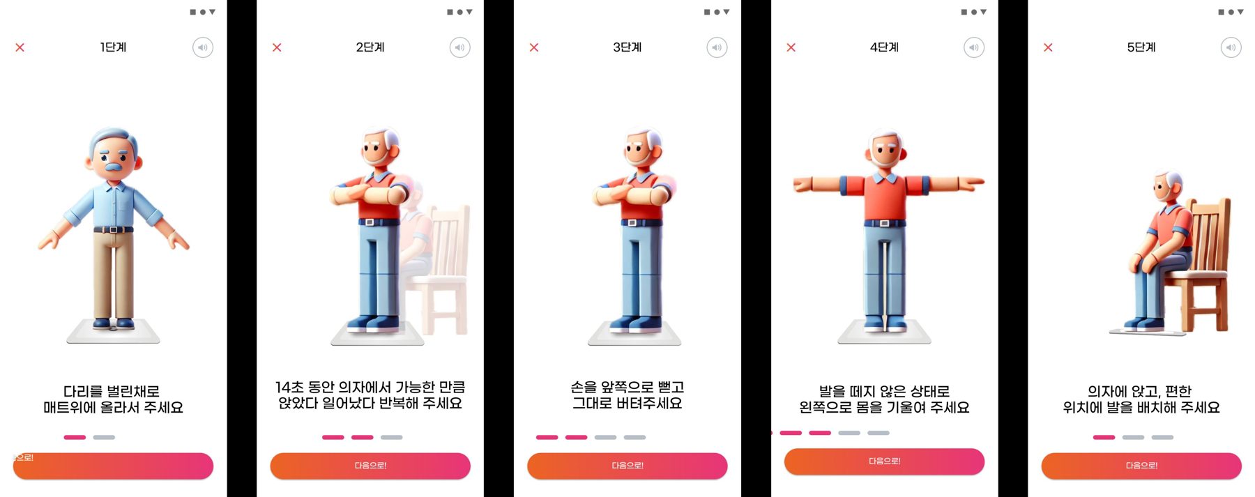 Five screens of a 3D character demonstrating a seated exercise