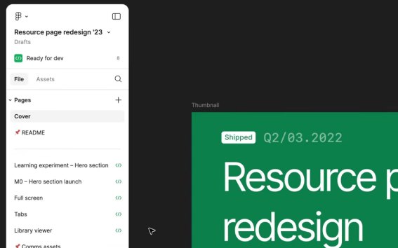 Figma file with a Ready for dev status, a pinned README, and a Shipped cover