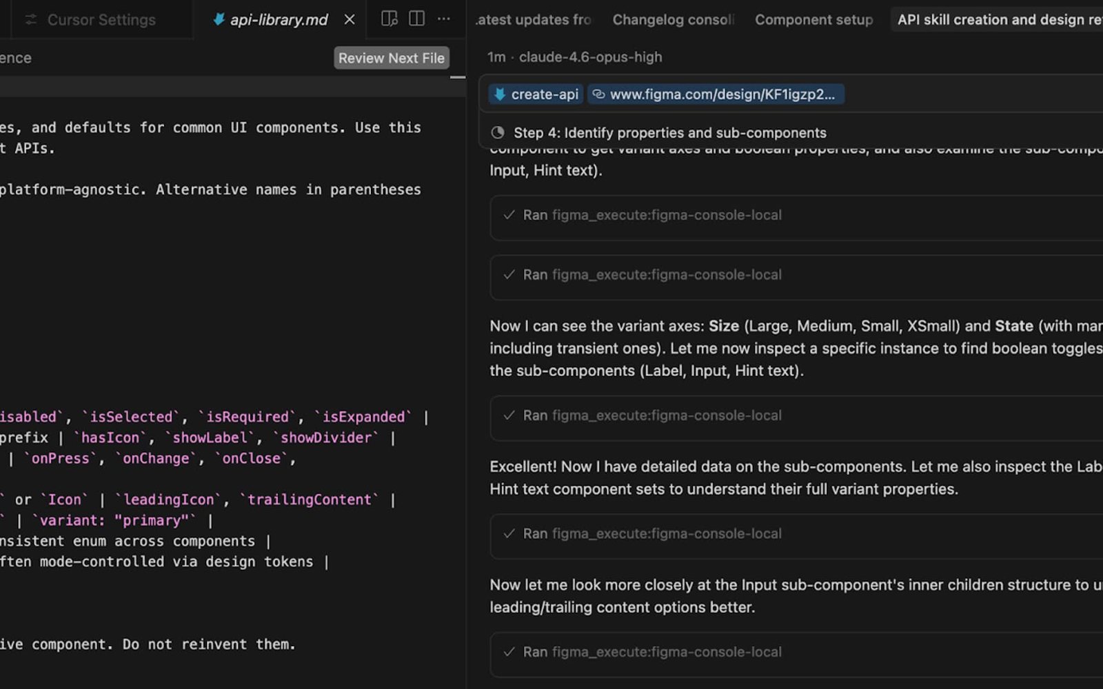 Coding agent in Cursor reading a Figma file through MCP to document a component