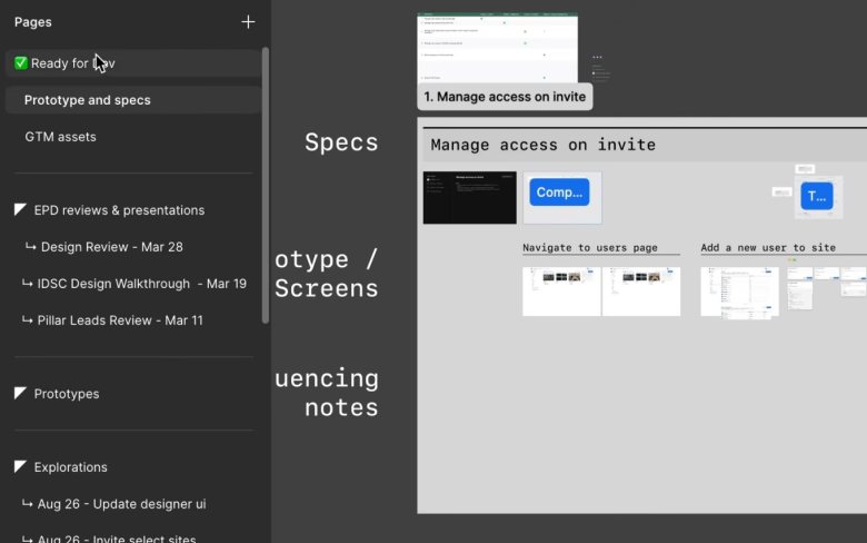 Webflow file with a Ready for dev page split into specs, screens, and sequencing notes